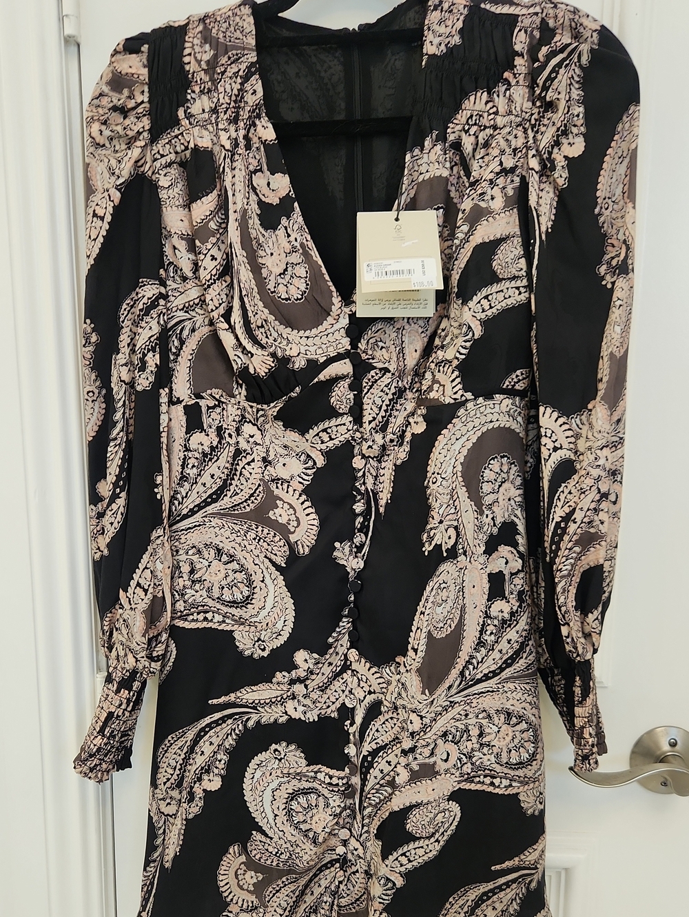 All Saints Black and Beige Paisley V-Neck Tunic